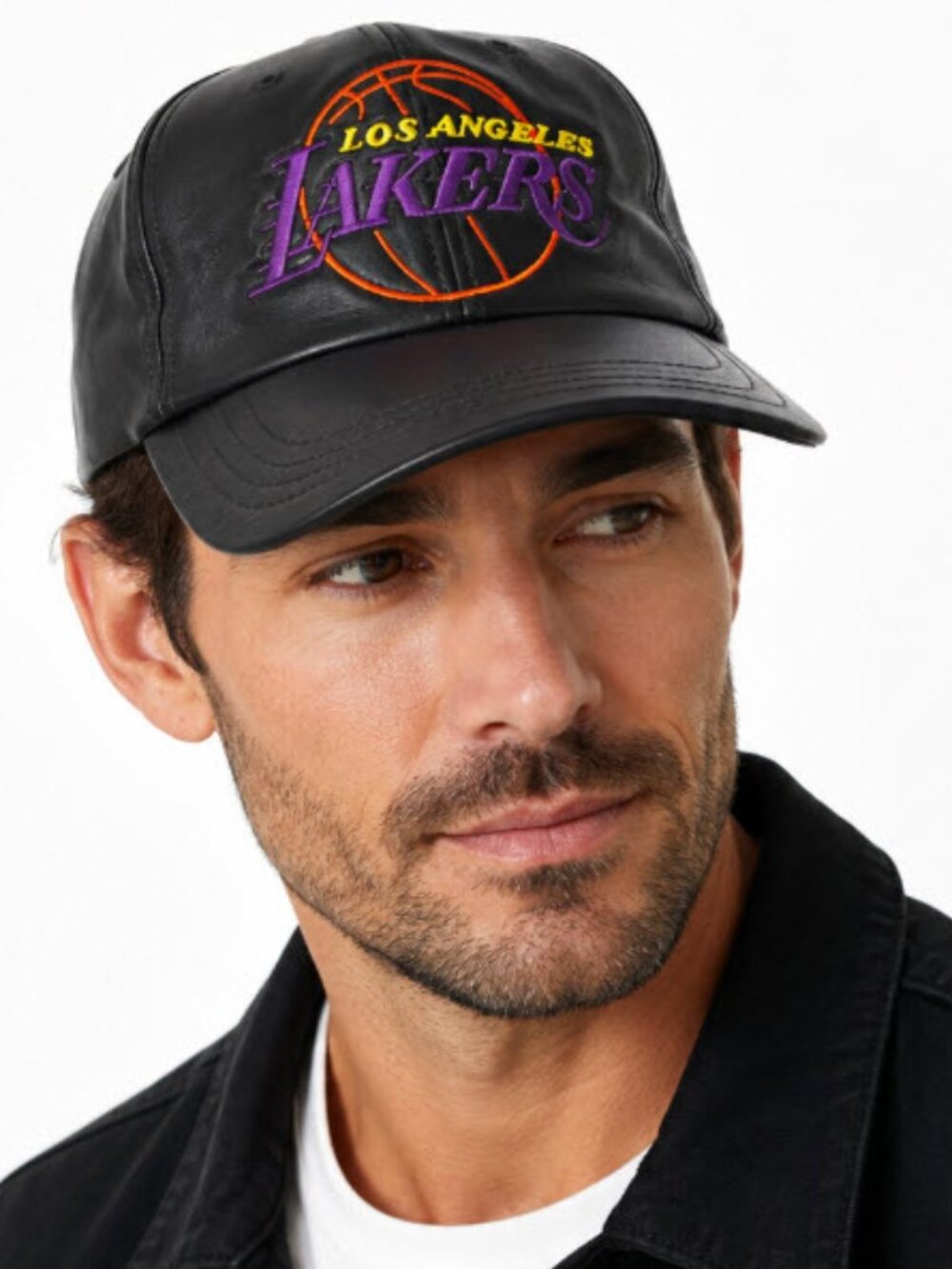 Los Angeles Lakers Black Genuine Leather Embroidered Baseball Cap